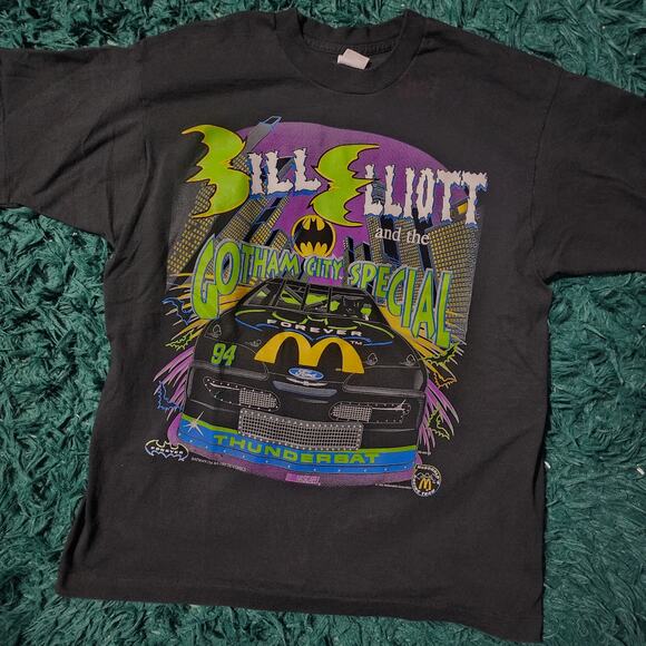 Vintage 1995 Bill Elliott Batman Forever NASCAR Tee Hunter Tag XL Made in USA - Picture 1 of 8